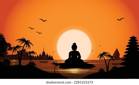 Feliz Día de Vesak, Buda Purnima desea saludos con buddha e ilustración del loto. Se puede usar para afiches, banner, logo, fondo, saludos, diseño impreso, elementos festivos. ilustración vectorial.