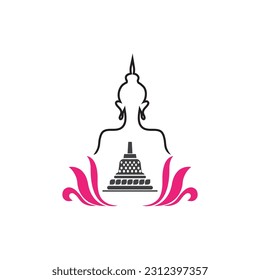 Alles Gute zum Vesak Day, Buddha Purnima wünscht Grüße mit Buddha und Lotus Illustration. Kann für Poster, Banner, Logo, Hintergrund, Grüße, Print-Design, festliche Elemente verwendet werden. Vektorgrafik