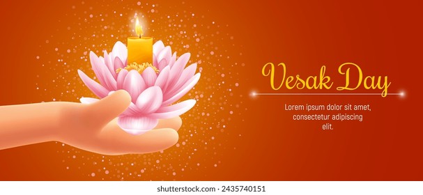 Happy Vesak Day or Buddha purnima banner, greeting card template with cute 3d realistic hand holding lotus flower with burning candle. Vector illustration
