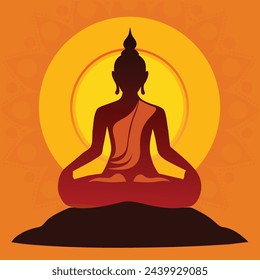 Feliz Día de Vesak, Buda Purnima desea saludos con Buda y loto ilustración. Se puede utilizar para el póster, banner, logotipo, fondo, saludos, diseño de impresión, elementos festivos. ilustración vectorial.