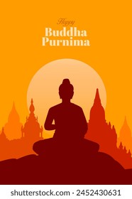 Happy Vesak Day, Buddha Purnima wishes greetings with a buddha minimal vector illustration. Can be used for posters, banners, greetings, and print design