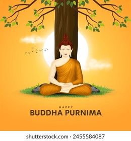 Happy Vesak Day, Buddha Purnima wünscht Grüße mit Buddha Illustration. Kann für Poster, Banner, Logo, Hintergrund, Grüße, Druckdesign, festliche Elemente verwendet werden. Vektorillustration.