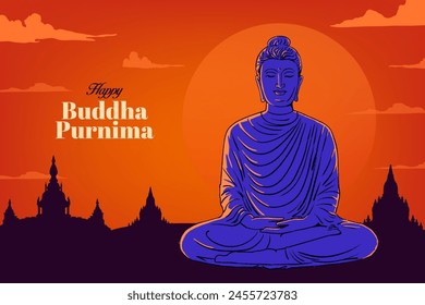 Feliz Día de Vesak, Buda Purnima desea saludos con una Ilustración vectorial mínima de Buda. Se puede utilizar para carteles, Anuncios, saludos y diseño de impresión