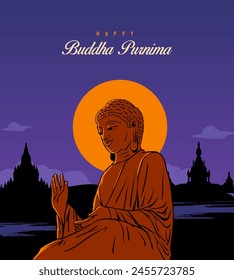 Happy Vesak Day, Buddha Purnima wünscht Grüße mit einer minimalen Buddha-Vektorillustration. Kann für Plakate, Banner, Grüße und Druckdesign verwendet werden