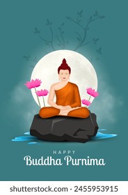 Feliz Día de Vesak, Buda Purnima desea saludos con Buda y loto ilustración. Se puede utilizar para el póster, Anuncio, logotipo, fondo, saludos, diseño de impresión, Elementos festivos. Ilustración vectorial.