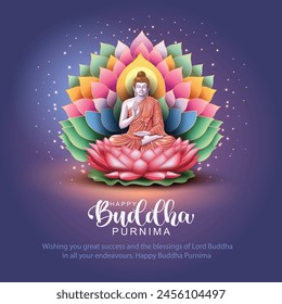 Happy Vesak Day, Buddha Purnima wishes greetings with buddha and lotus illustration. Can be used for poster, banner, logo, background, greetings, print design. abstract vector illustration design.