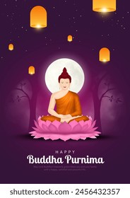 Feliz Día de Vesak, Buda Purnima desea saludos con Buda y loto ilustración. Se puede utilizar para el póster, Anuncio, logotipo, fondo, saludos, diseño de impresión. diseño abstracto de la Ilustración vectorial.