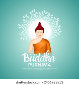 Happy Vesak Day, Buddha Purnima wishes greetings with a buddha minimal vector illustration. Can be used for posters, banners, greetings, and print design