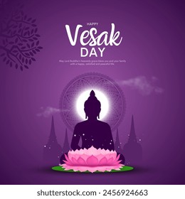 Happy Vesak Day, Buddha Purnima wishes greetings with a buddha creative vector illustration. Can be used for posters, banners, greetings, and print design