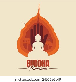 Happy Vesak Day, Buddha Purnima wünscht Grüße mit Buddha und Palm Illustration. Kann für Poster, Banner, Logo, Hintergrund, Grüße, Druckdesign verwendet werden. Abstrakte Vektorillustration Design