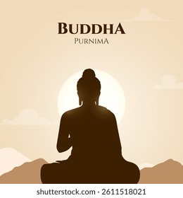 Happy Vesak Day, Buddha Purnima wishes greetings with buddha and lotus illustration. Happy Buddha Purnima, Happy Vesak Day, wishes greetings with a buddha minimal vector illustration. 