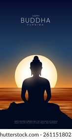 Happy Vesak Day, Buddha Purnima wishes greetings with buddha and lotus illustration. Happy Buddha Purnima, Happy Vesak Day, wishes greetings with a buddha minimal vector illustration. 