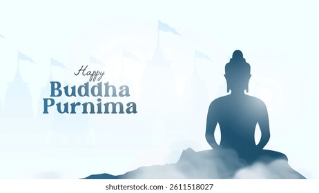 Happy Vesak Day, Buddha Purnima wishes greetings with buddha and lotus illustration. Happy Buddha Purnima, Happy Vesak Day, wishes greetings with a buddha minimal vector illustration. 