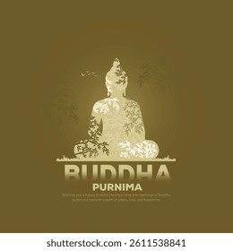 Happy Vesak Day, Buddha Purnima wishes greetings of sillhoutte buddha with leaf. Can be used for poster, banner, logo, background, greetings, print design. abstract illustration design.