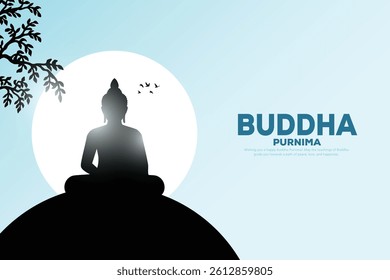 Happy Vesak Day, Buddha Purnima wishes greetings with silhouette of buddha. Creative vector illustration design.