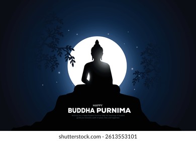 Happy Vesak Day, Buddha Purnima wishes greetings with buddha sillhouette illustration under the bodhi tree. poster, banner, logo, background, greetings, print design. abstract illustration design.