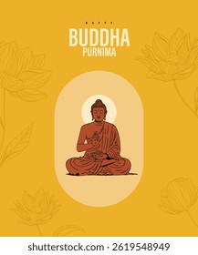 Happy Vesak Day, Buddha Purnima wishes greetings with the Buddha vector illustration. Can be used for a poster, social media banner, or greeting card design