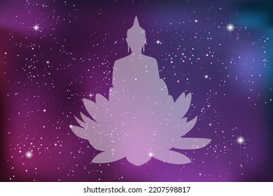 Happy Vesak Day Buddha silhouette on a lotus flower against a background of starry cosmos. Vector illustration. Poster, banner and print design.