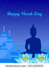 Happy Vesak day with Buddha, temple, lotus on blue background. ( original illustration, not AI-generated )