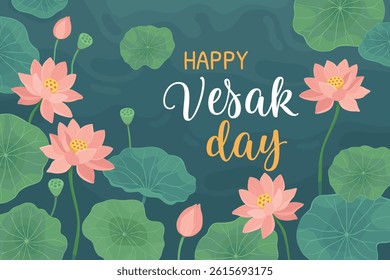 Happy Vesak day, buddhist holiday. Flowers and leaves of lotus, pink water lilies in green water. Vector illustration. Symbol of peace, meditation, enlightenment.
