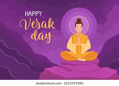 Happy Vesak day, buddhist holiday. Buddhist monk in traditional yellow clothes sits on a rock, purple mystical background, clouds. Meditation, relax, mindfulness. Buddha's enlightenment.