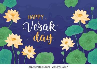 Happy Vesak day, buddhist holiday. Flowers and leaves of lotus, white water lilies in blue water. Vector illustration. Symbol of peace, meditation, enlightenment.