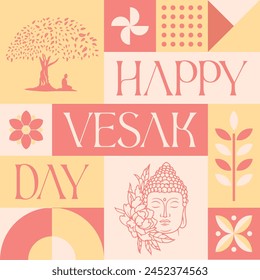 Happy Vesak Day Buddhist seamless pattern in scandinavian style postcard with Retro clean concept design