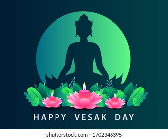 Happy Vesak Day Budha Purnima Background With Budha Statue Silhouette Vector Illusration, Realistic Pink Lotus Design 3D, Budha's Anniversary