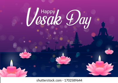 Happy Vesak Day Budha Purnima Background With Budha Statue Silhouet Realistic Pink Lotus And Candle Vector Illustration, Vesak Day Greeting Card, Budhaism Celebration, Budha's anniversary, Waisak