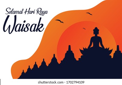 Happy Vesak Day Budha Purnima Background With Budha Statue Silhouet And Realistic Pink Lotus And Candle Vector Illustration, Vesak Day Greeting Card, Budhaism Celebration, Budha's anniversary, 