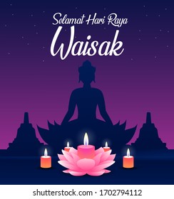 Happy Vesak Day Budha Purnima Background With Budha Statue Silhouet And Realistic Pink Lotus And Candle Vector Illustration, Vesak Day Greeting Card, Budhaism Celebration, Budha's anniversary, 