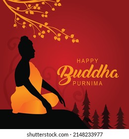 Happy Vesak Day Budha Purnima  With red Background Silhouette Vector Illustration design 