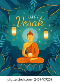 Feliz Día de Vesak Budha Purnima. Buda dorado en pose de meditación sobre fondo azul-verde oscuro. Bosque tropical asiático, templo budista. Linternas y velas. Siddhartha Gautama. El cumpleaños de Buda.