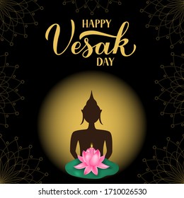 Happy Vesak Day calligraphy hand lettering and silhouette of Buddha. Indian holiday Buddha Purnima typography poster.  Vector template for greeting card, banner, flyer, etc.