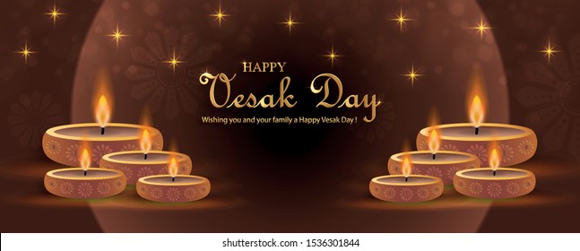 Happy Vesak Day card with bouddha symbols and oriental asian elements with gold paper cut style on color background for grretings