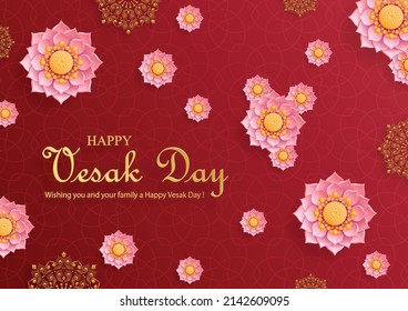 Happy Vesak Day card with Buddha symbols and oriental Asian elements with gold paper cut style on color background for greeting