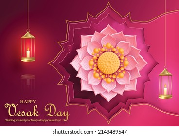 Happy Vesak Day card with Buddha symbols and oriental Asian elements with gold paper cut style on color background for greeting