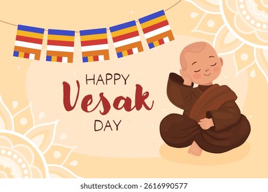 Happy Vesak day, card for buddhist holiday. Cute character, little boy Buddhist monk in brown clothes and a garland of Buddhist flags. Thoughtful smiling monk.