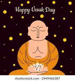 Happy Vesak Day. Celebration of Buddha's birthday in May. 
Monk meditating. Vector illustration, poster, card. 
