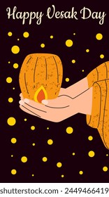 Happy Vesak Day. Celebration of Buddha's birthday in May. Monk's hands holding Chinese lantern. Vector poster. 