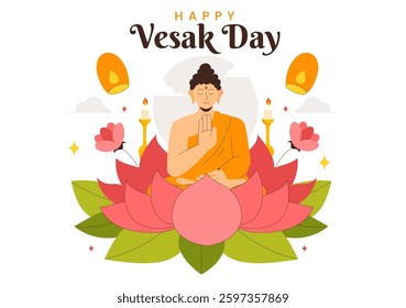 Happy Vesak Day Celebration Vector Illustration Featuring a Temple Silhouette, Lotus Flower, Lanterns, and Buddha's Meditation in a Flat Background
