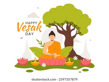 Happy Vesak Day Celebration Vector Illustration Featuring a Temple Silhouette, Lotus Flower, Lanterns, and Buddha's Meditation in a Flat Background
