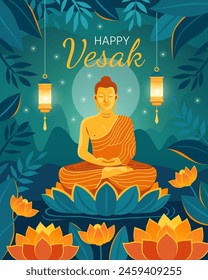 Happy vesak day. Vesak concept for card or banner. Happy Buddha Day. Golden buddha in meditation pose on blue green background. Lotuses, lanterns and candles. Siddhartha Gautama. 