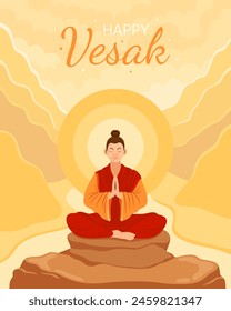 Happy vesak day. Vesak concept for card or banner. Happy Buddha Day. Buddhist, buddhist monk in a meditation pose. Man in red and yellow clothes meditates. Soft yellow and orange background, sunrise.