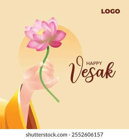 Happy Vesak Day kreatives Konzept, Buddha Hand hält Lotus Blume, Buddha Purnima Social Media Post, Grußkarte Design Vorlage
