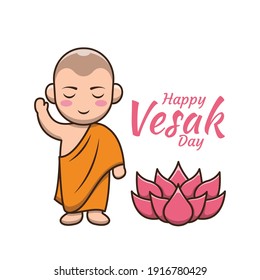 Happy vesak day with cute monk cartoon illustration