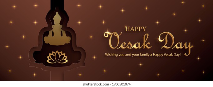 Happy Vesak Day Facebook size card with bouddha symbols and oriental asian elements with gold paper cut style on color background for grretings