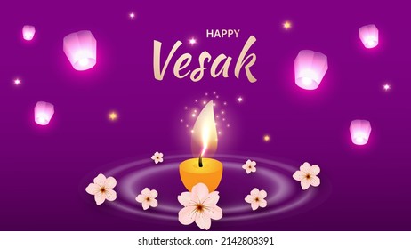 Happy Vesak day is the great day of the Buddha. Flying lanterns, flowers, a lit candle on a lilac background.Vector illustration