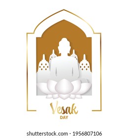 Fröhlicher Vesak-Tag Gruß. Buddha Silhouette mit vor dem Borobudur-Tempel. Papierausschnitt-Vektorgrafik