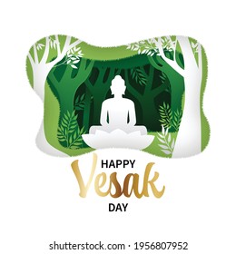 Fröhlicher Vesak-Tag Gruß. Buddha Silhouette sitzend unter dem Baumpapier Ausschnitt-Stil Vektorgrafik.